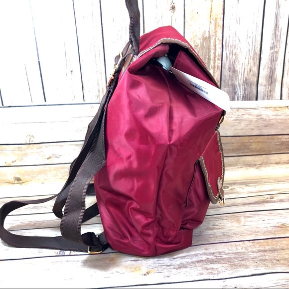 New Ashley Fox burgundy red w/brown trim multi-pocket backpack NWT - Picture 2 of 8